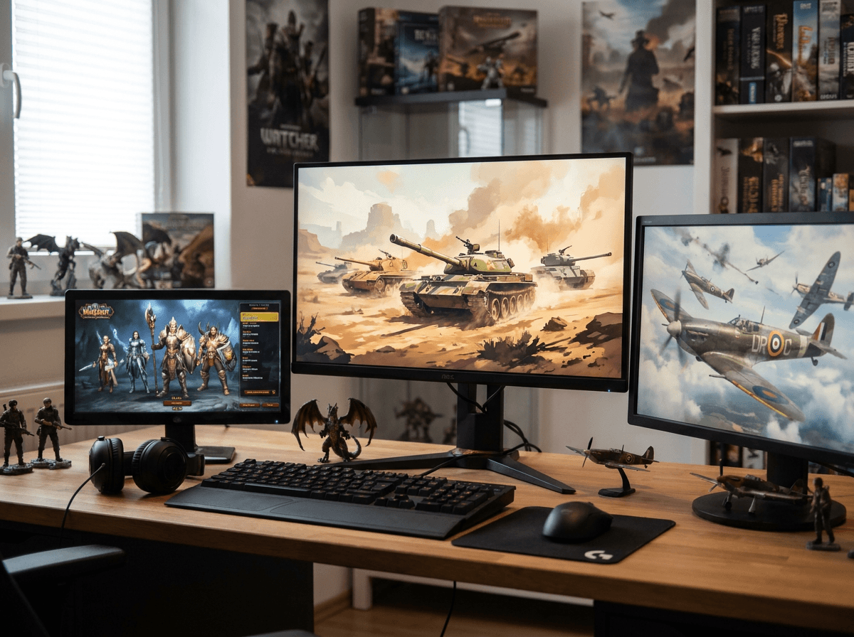 Koláž 6 vybraných her — tanky, letadla, fantasy hrdinové
